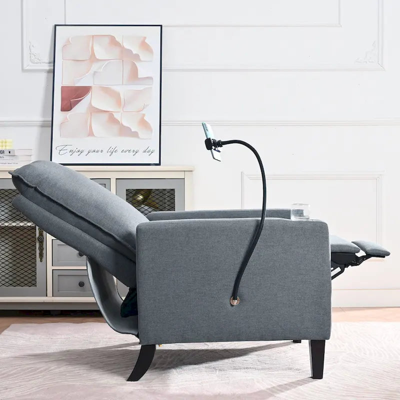 Fauteuil inclinable manuel en tissu moderne avec support de téléphone, porte-gobelet, repose-pieds