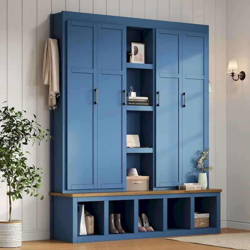 4-in-1 Hall Tree with 6 Hanging Hooks, Entryway Shoe Cabinet with Open Compartments, Wood Bench with Multiple Storage Space