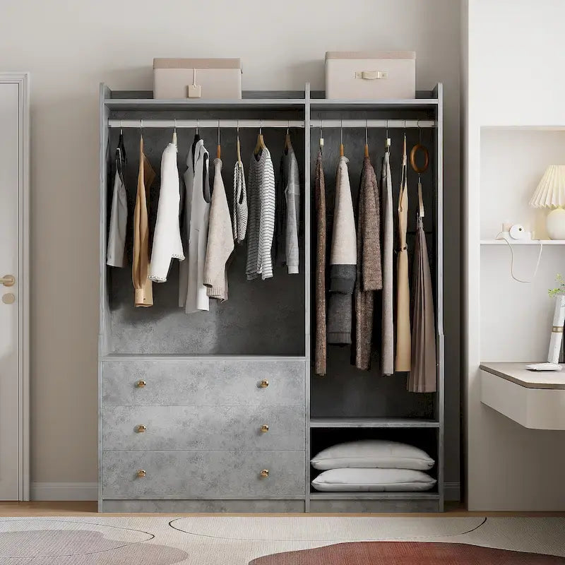 Armoire-penderie ouverte, armoire avec 2 tringles et 3 tiroirs, armoire de rangement en bois