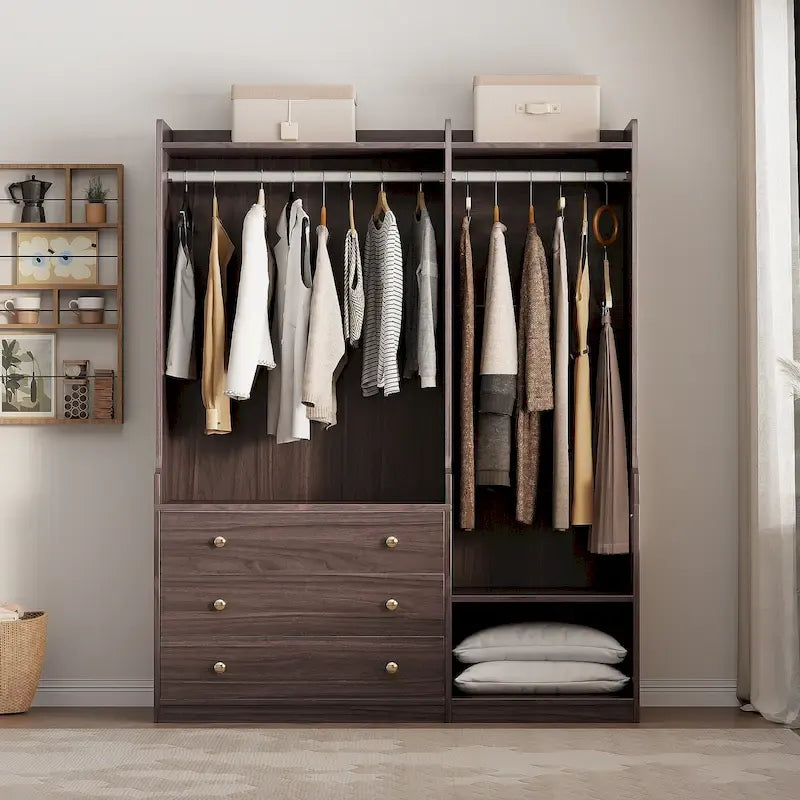 Armoire-penderie ouverte, armoire avec 2 tringles et 3 tiroirs, armoire de rangement en bois