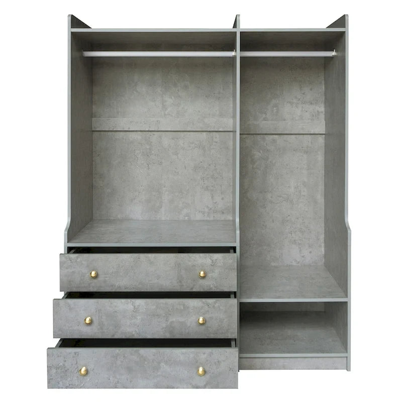 Armoire-penderie ouverte, armoire avec 2 tringles et 3 tiroirs, armoire de rangement en bois