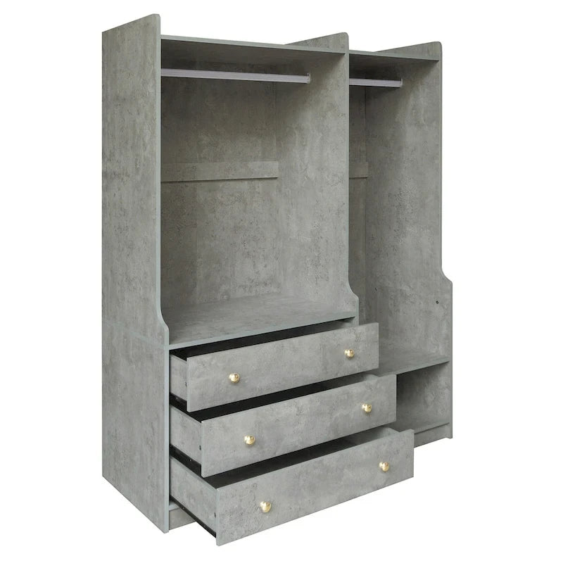 Armoire-penderie ouverte, armoire avec 2 tringles et 3 tiroirs, armoire de rangement en bois
