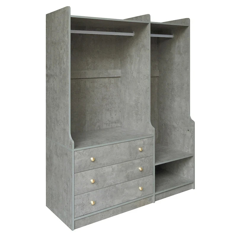 Armoire-penderie ouverte, armoire avec 2 tringles et 3 tiroirs, armoire de rangement en bois