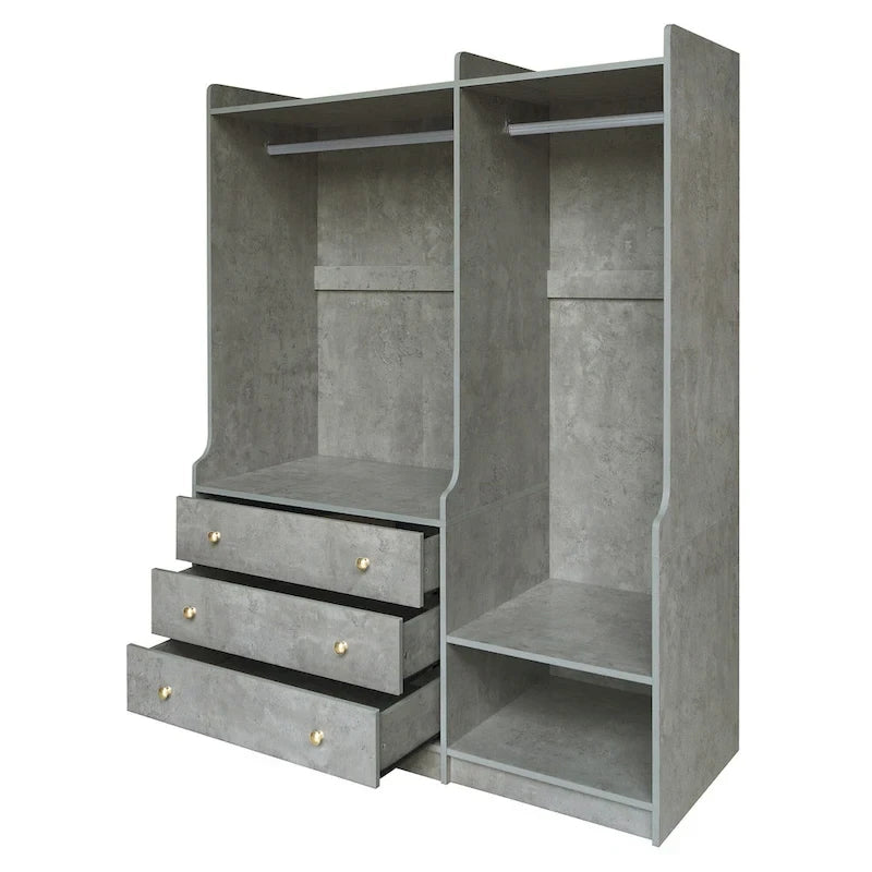 Armoire-penderie ouverte, armoire avec 2 tringles et 3 tiroirs, armoire de rangement en bois