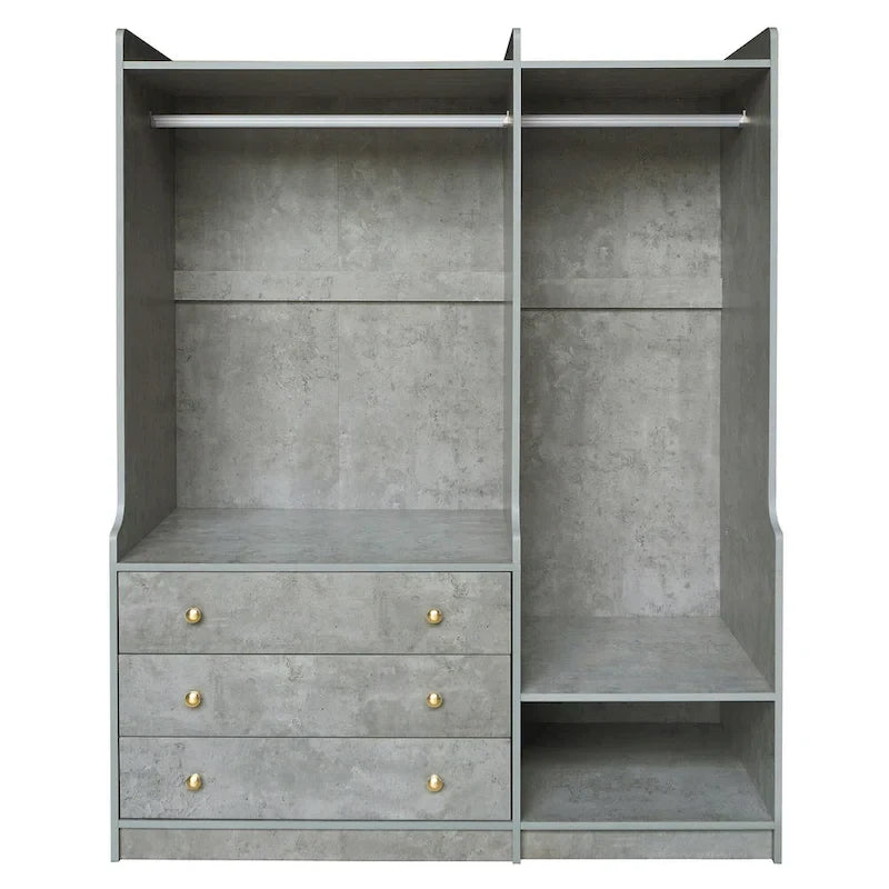 Armoire-penderie ouverte, armoire avec 2 tringles et 3 tiroirs, armoire de rangement en bois