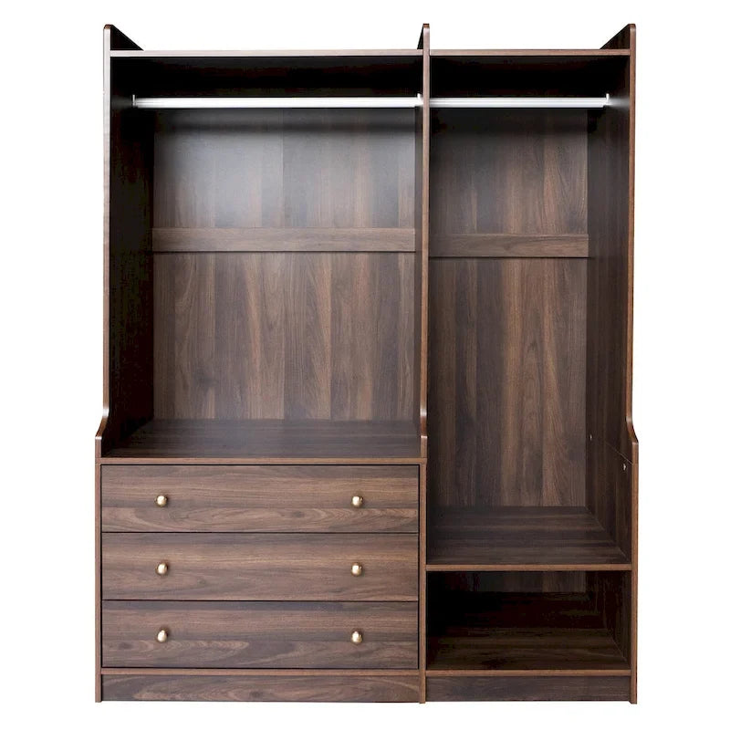 Armoire-penderie ouverte, armoire avec 2 tringles et 3 tiroirs, armoire de rangement en bois