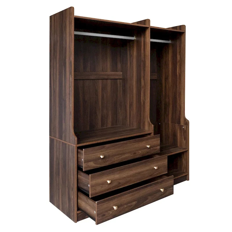 Armoire-penderie ouverte, armoire avec 2 tringles et 3 tiroirs, armoire de rangement en bois