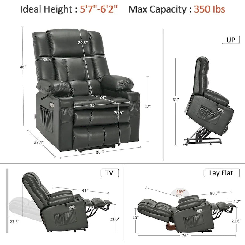 Fauteuil inclinable releveur électrique à deux moteurs avec massage et chauffage pour personnes âgées de grande taille, similicuir
