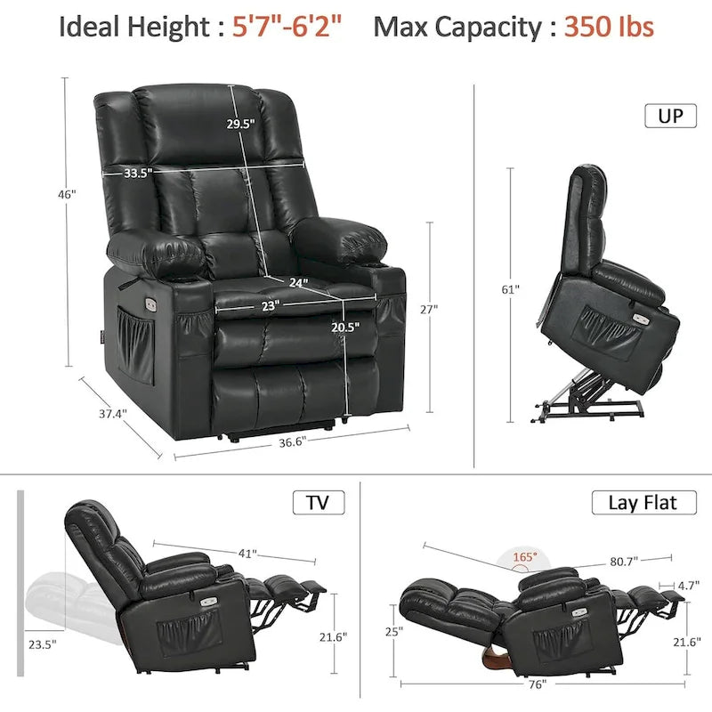 Fauteuil inclinable releveur électrique à deux moteurs avec massage et chauffage pour personnes âgées de grande taille, similicuir