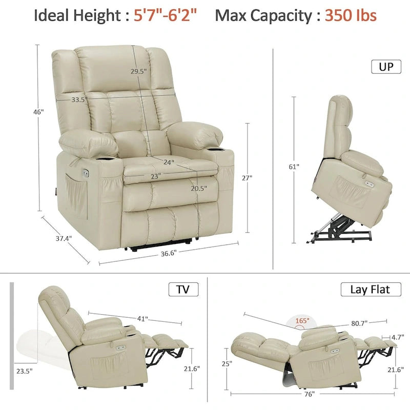 Fauteuil inclinable releveur électrique à deux moteurs avec massage et chauffage pour personnes âgées de grande taille, similicuir