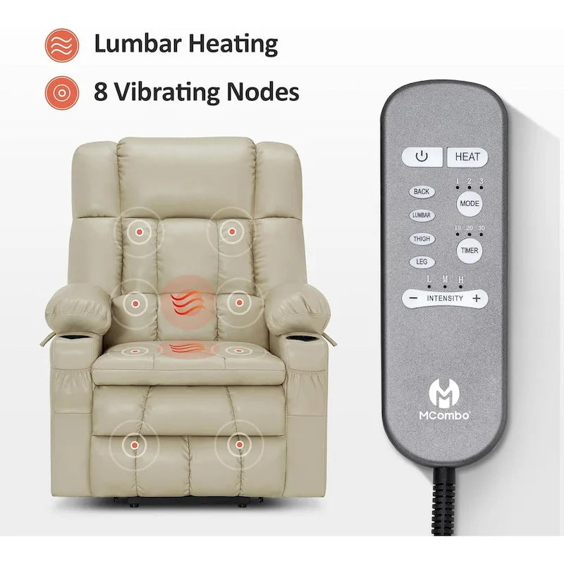 Fauteuil inclinable releveur électrique à deux moteurs avec massage et chauffage pour personnes âgées de grande taille, similicuir