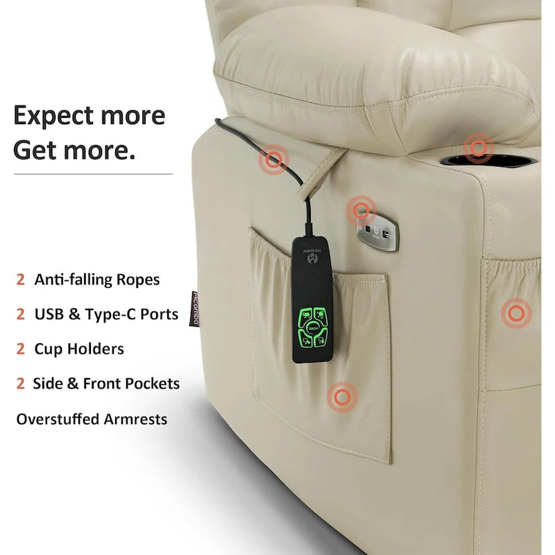 Fauteuil inclinable releveur électrique à deux moteurs avec massage et chauffage pour personnes âgées de grande taille, similicuir