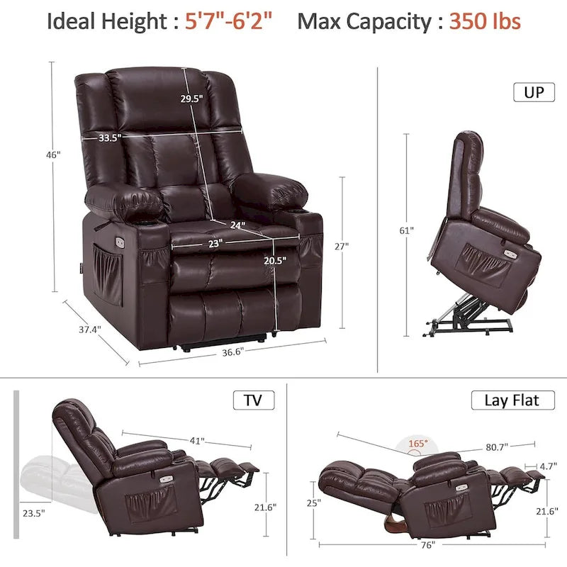 Fauteuil inclinable releveur électrique à deux moteurs avec massage et chauffage pour personnes âgées de grande taille, similicuir