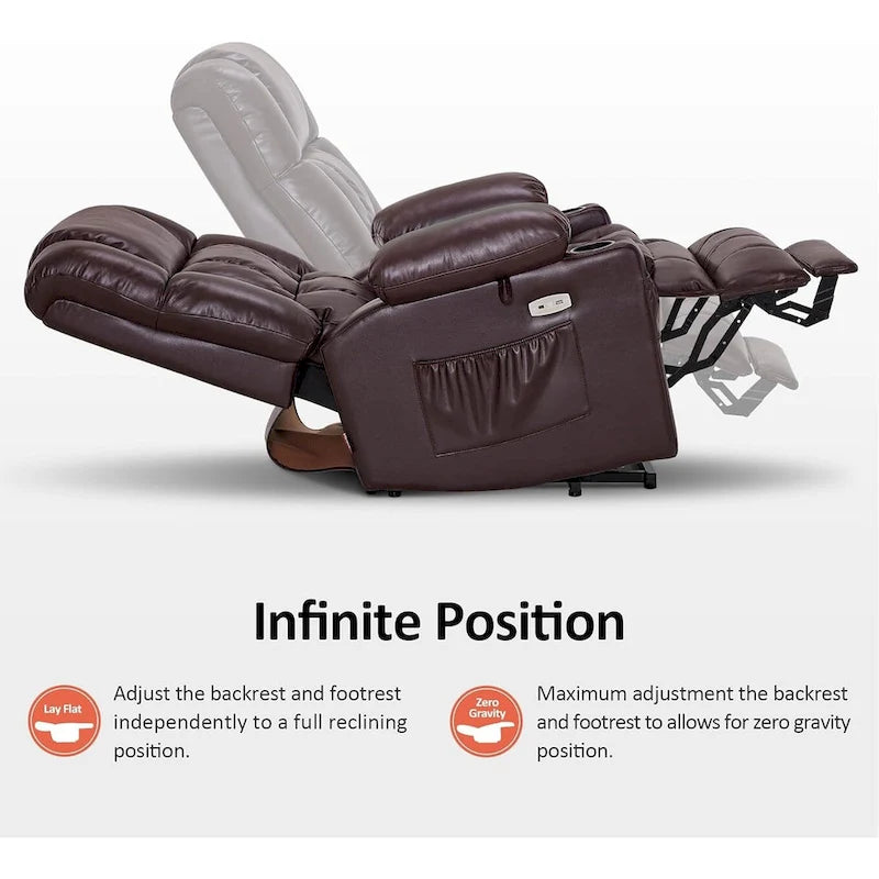 Fauteuil inclinable releveur électrique à deux moteurs avec massage et chauffage pour personnes âgées de grande taille, similicuir