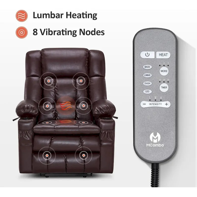 Fauteuil inclinable releveur électrique à deux moteurs avec massage et chauffage pour personnes âgées de grande taille, similicuir