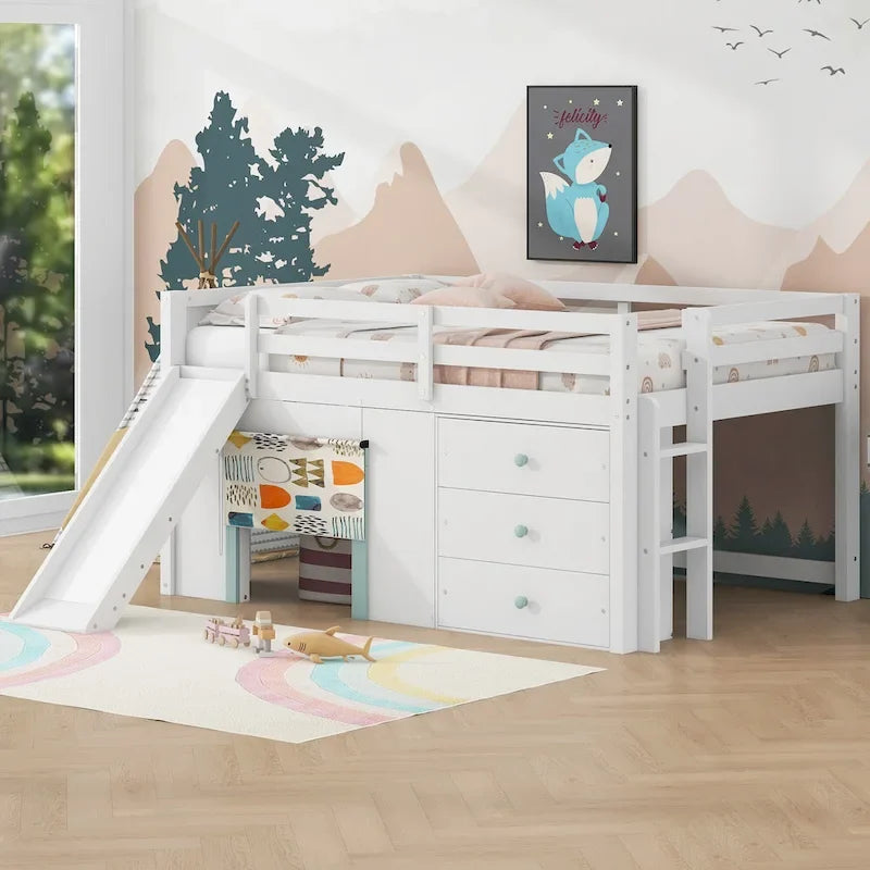 Lit mezzanine bas grandeur nature avec toboggan, trois tiroirs de rangement et 2 portes, blanc