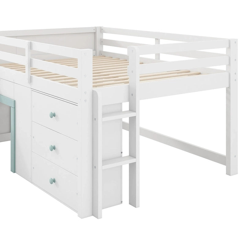 Lit mezzanine bas grandeur nature avec toboggan, trois tiroirs de rangement et 2 portes, blanc