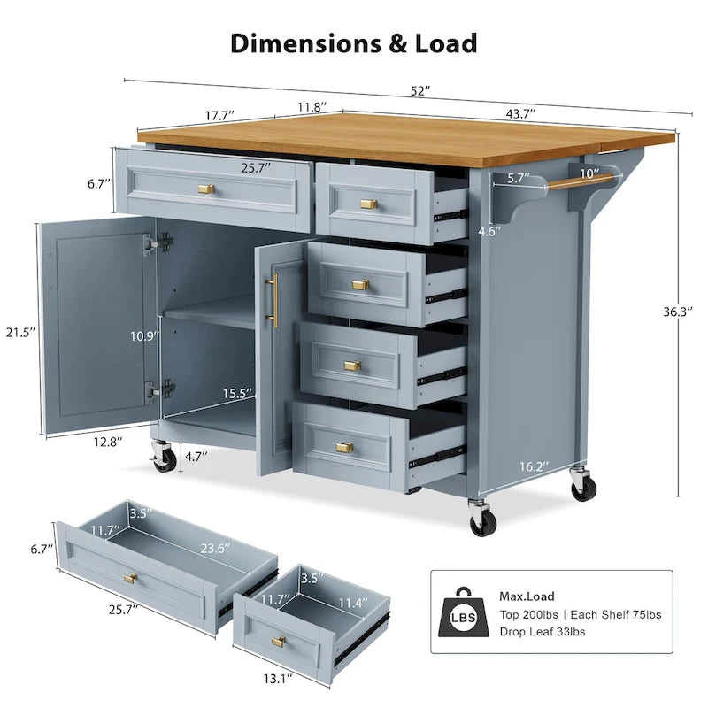Îlot de cuisine 52" avec comptoir rabattable et placard (tabouret non inclus)