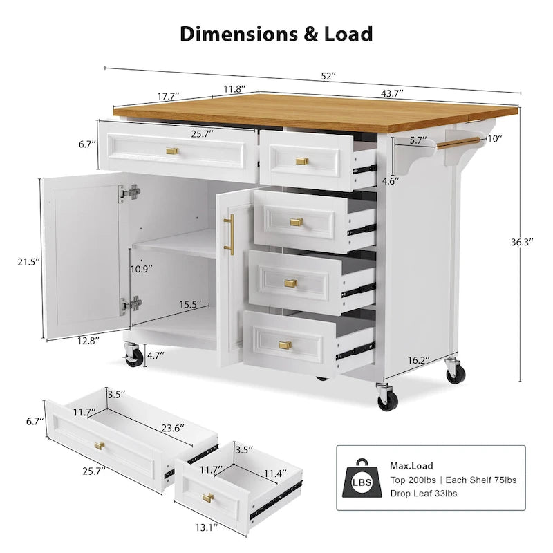 Îlot de cuisine 52" avec comptoir rabattable et placard (tabouret non inclus)