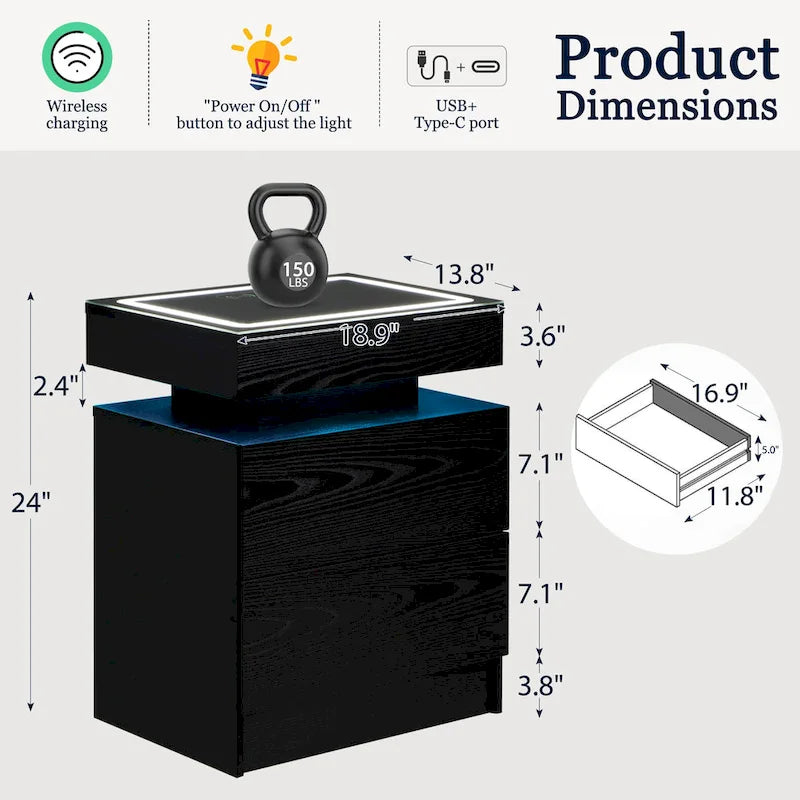 EROMMY LED Nightstand with Charging Station, Floating Bedside Table with Drawers and RGB Lights