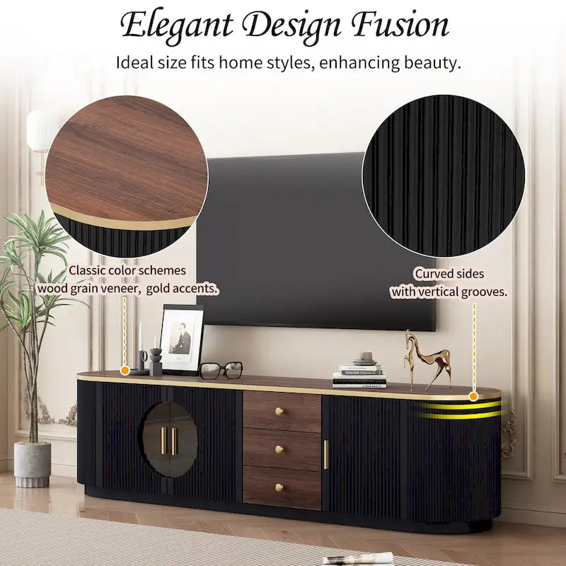 Meuble TV moderne minimaliste de 180 cm pour téléviseurs jusqu'à 80 pouces, centre de divertissement avec 3 tiroirs et 1 étagère, poignées en métal