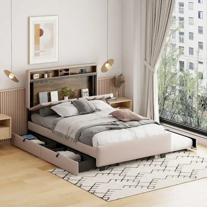 Beige Full Size Upholstered Platform Bed with Storage Headboard,Twin XL Size Trundle and 2 drawers