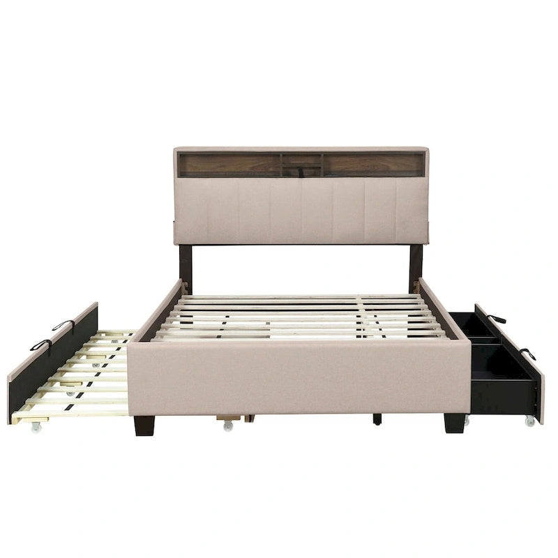 Lit plateforme rembourré pleine grandeur beige avec tête de lit de rangement, lit gigogne double XL et 2 tiroirs