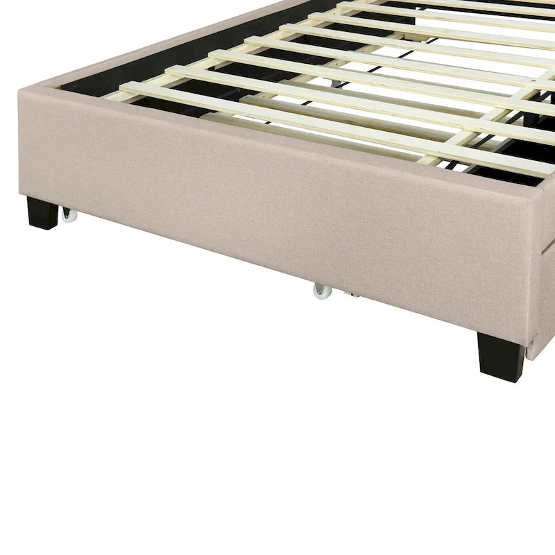 Lit plateforme rembourré pleine grandeur beige avec tête de lit de rangement, lit gigogne double XL et 2 tiroirs