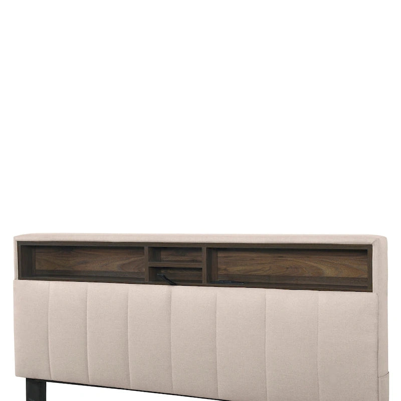 Lit plateforme rembourré pleine grandeur beige avec tête de lit de rangement, lit gigogne double XL et 2 tiroirs