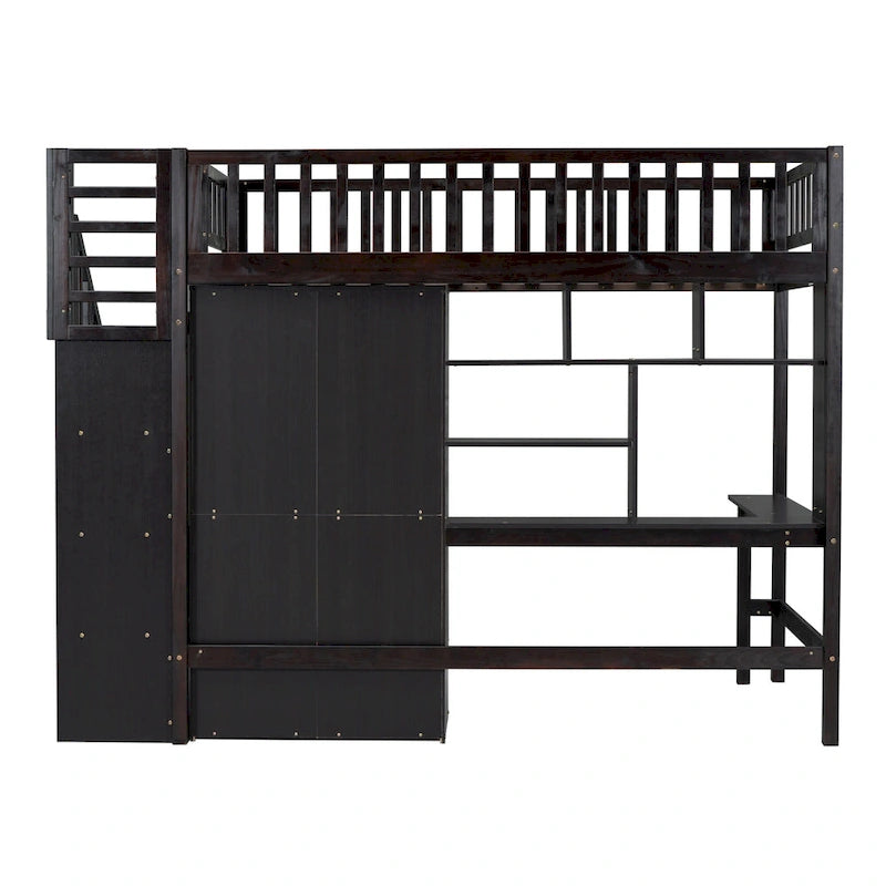 Lit mezzanine Twin Pine avec étagère, tiroirs, bureau, armoire et escalier