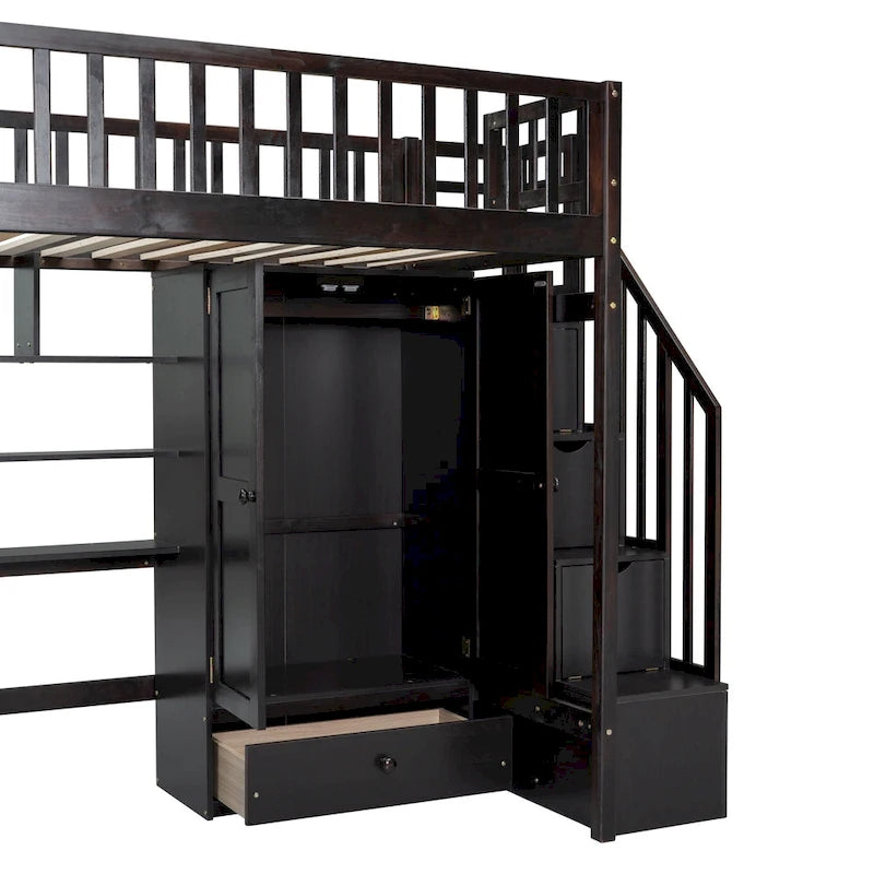 Lit mezzanine Twin Pine avec étagère, tiroirs, bureau, armoire et escalier