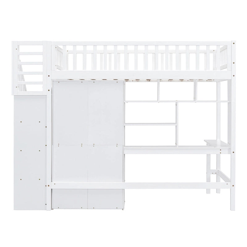 Lit mezzanine Twin Pine avec étagère, tiroirs, bureau, armoire et escalier