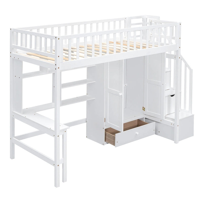 Lit mezzanine Twin Pine avec étagère, tiroirs, bureau, armoire et escalier