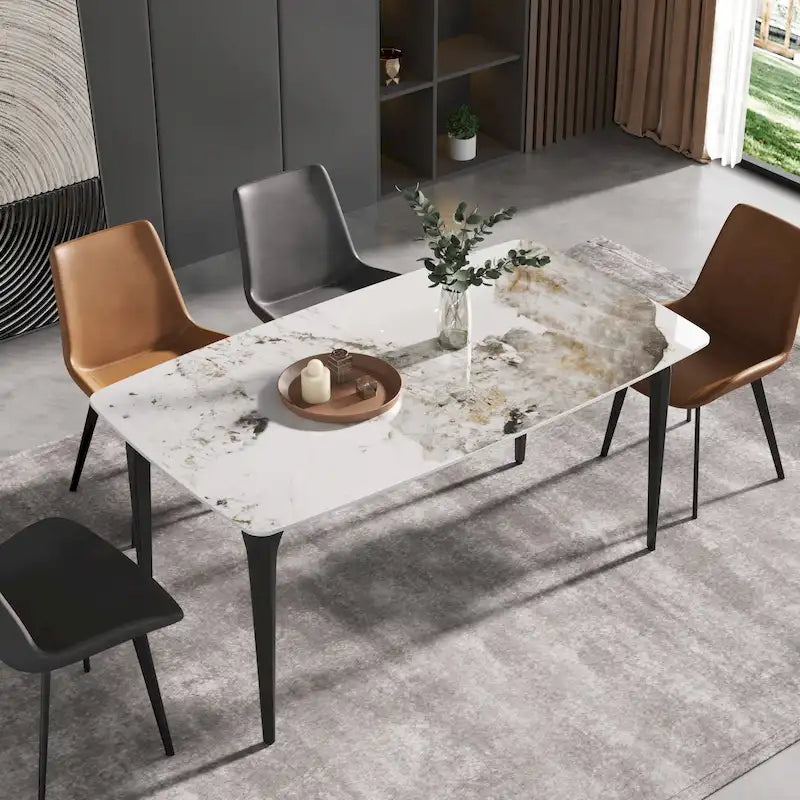 Table de salle à manger moderne en ardoise, plateau en pierre frittée au motif Pandora et pieds en métal
