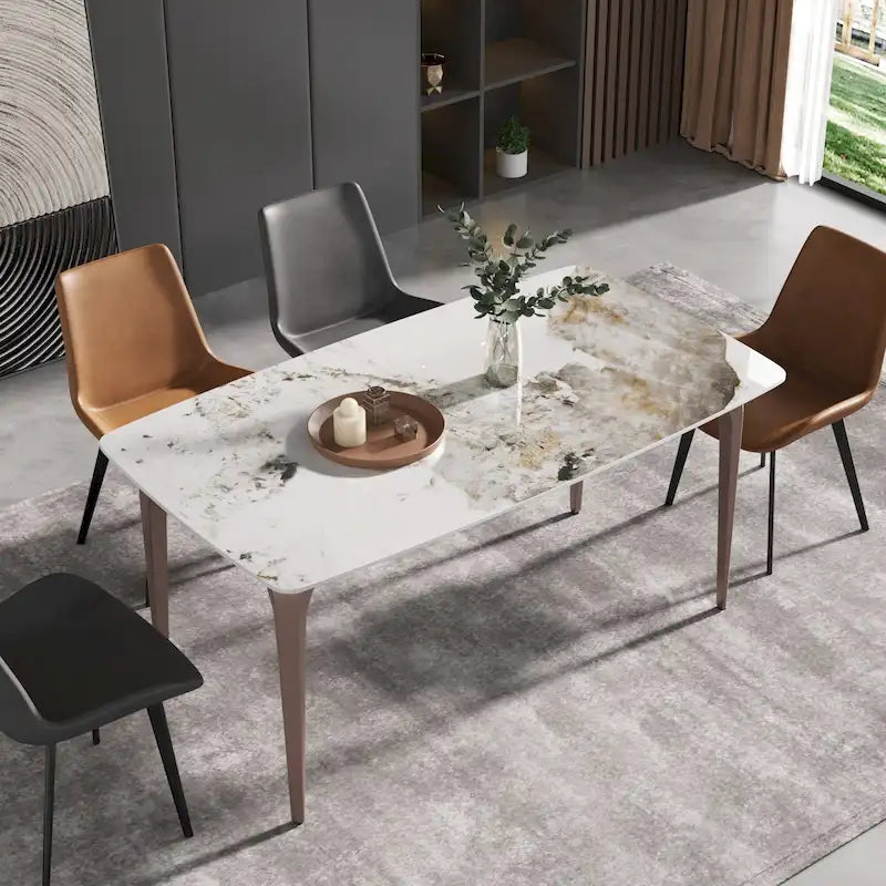 Table de salle à manger moderne en ardoise, plateau en pierre frittée au motif Pandora et pieds en métal