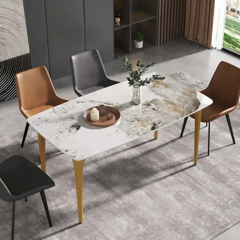 Table de salle à manger moderne en ardoise, plateau en pierre frittée au motif Pandora et pieds en métal