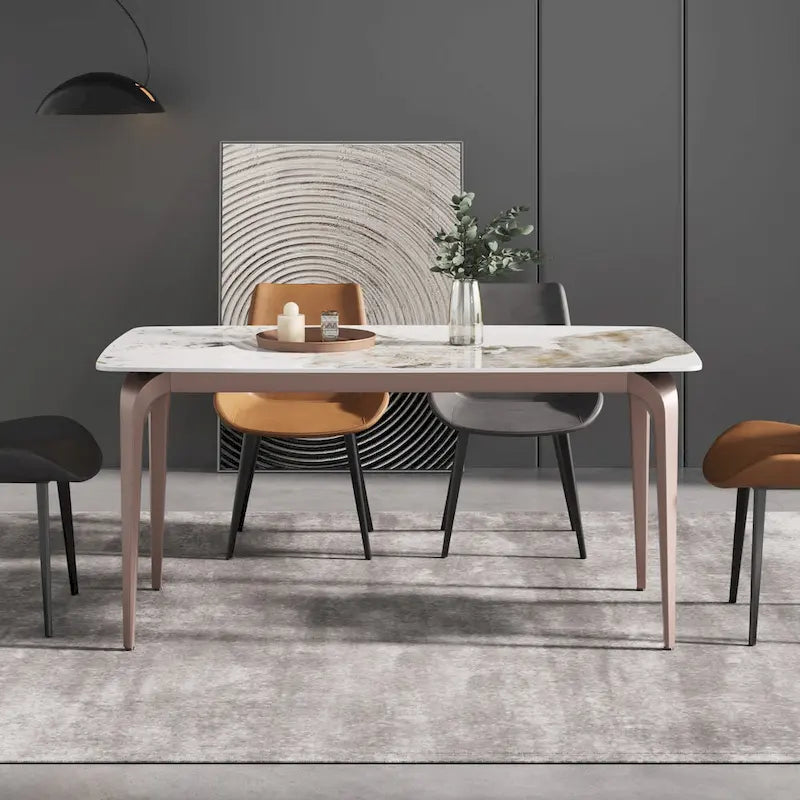 Table de salle à manger moderne en ardoise, plateau en pierre frittée au motif Pandora et pieds en métal