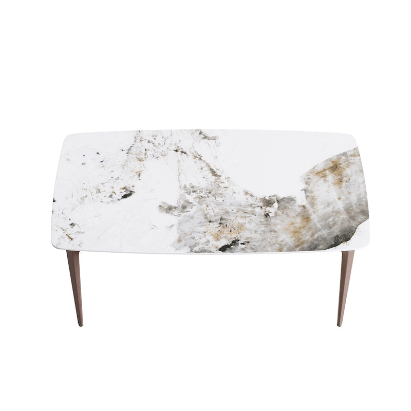 Table de salle à manger moderne en ardoise, plateau en pierre frittée au motif Pandora et pieds en métal
