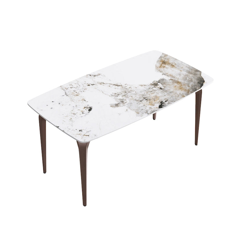 Table de salle à manger moderne en ardoise, plateau en pierre frittée au motif Pandora et pieds en métal