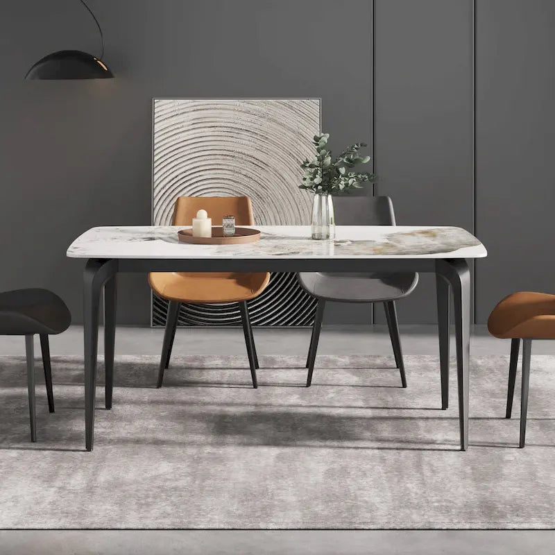 Table de salle à manger moderne en ardoise, plateau en pierre frittée au motif Pandora et pieds en métal