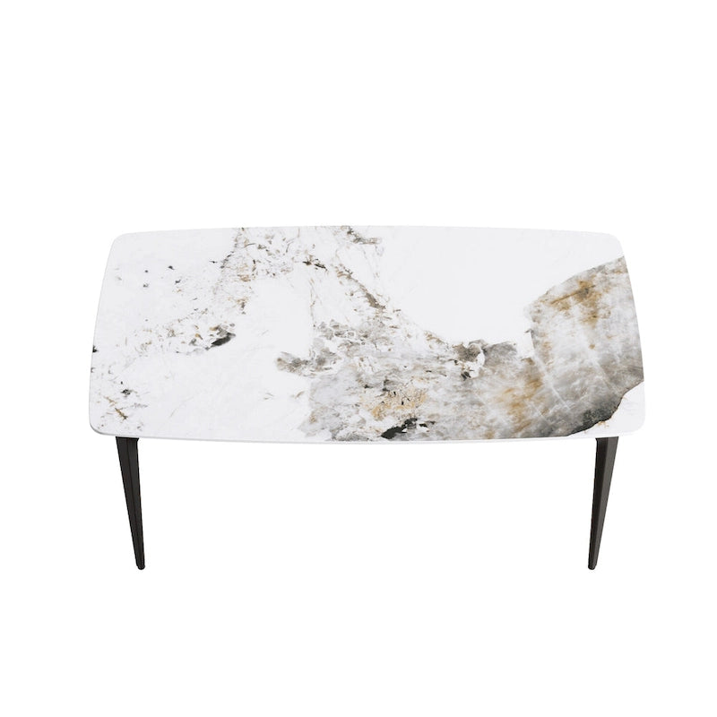 Table de salle à manger moderne en ardoise, plateau en pierre frittée au motif Pandora et pieds en métal