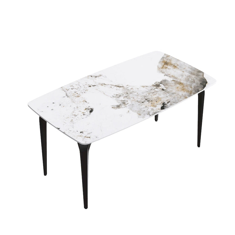 Table de salle à manger moderne en ardoise, plateau en pierre frittée au motif Pandora et pieds en métal
