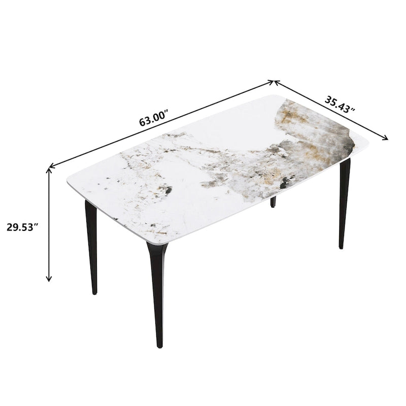 Table de salle à manger moderne en ardoise, plateau en pierre frittée au motif Pandora et pieds en métal