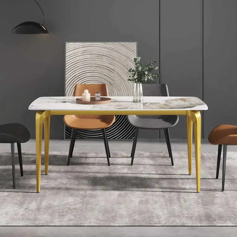 Table de salle à manger moderne en ardoise, plateau en pierre frittée au motif Pandora et pieds en métal