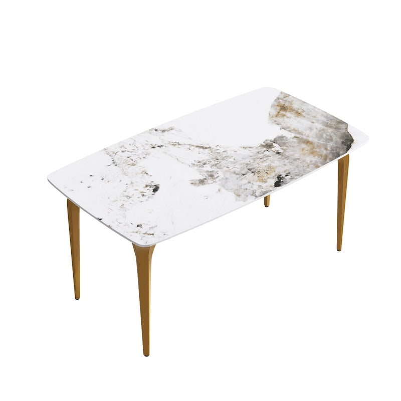 Table de salle à manger moderne en ardoise, plateau en pierre frittée au motif Pandora et pieds en métal