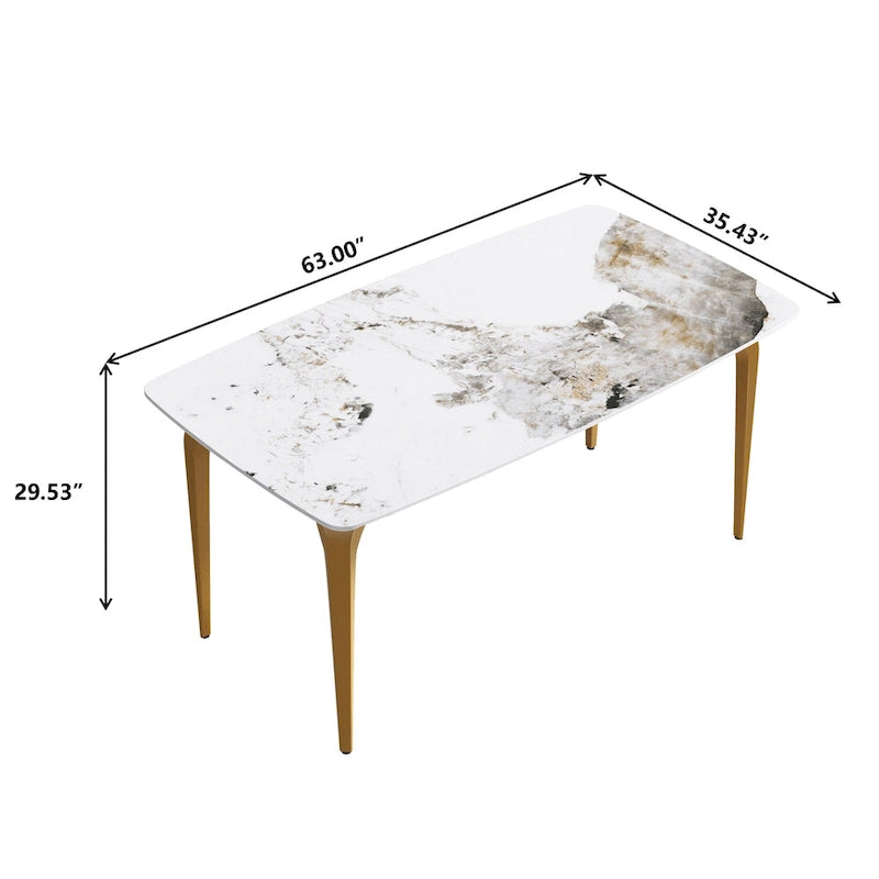 Table de salle à manger moderne en ardoise, plateau en pierre frittée au motif Pandora et pieds en métal