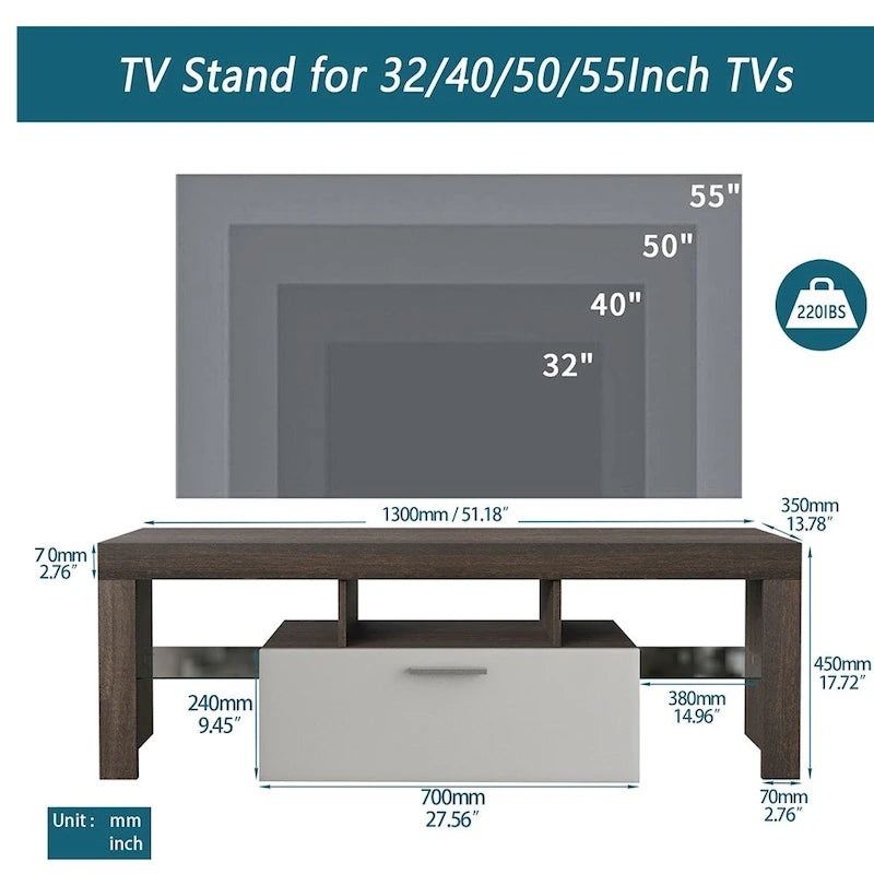 Meuble TV LED moderne de 51 po avec placard, à assembler - 51,18 po x 13,78 po x 17,72 po