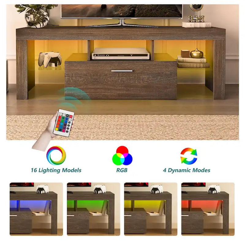 Meuble TV LED moderne de 51 po avec placard, à assembler - 51,18 po x 13,78 po x 17,72 po