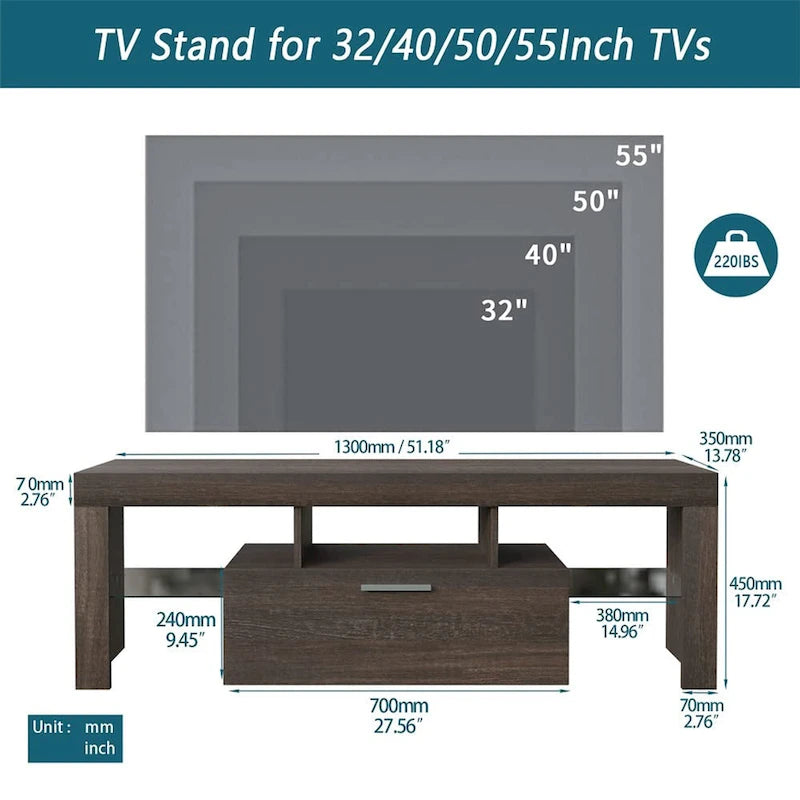 Meuble TV LED moderne de 51 po avec placard, à assembler - 51,18 po x 13,78 po x 17,72 po