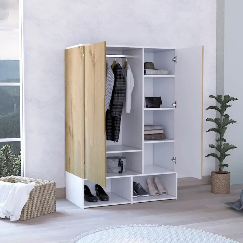 Armoire à deux portes, étagères ouvertes, cinq étagères dissimulées et barre de penderie
